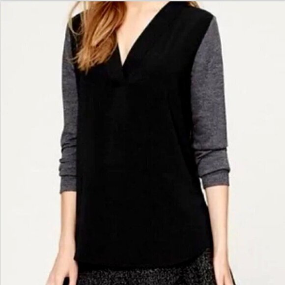 Loft Black & Grey Mixed Media V-Neck Tunic Top XL 55J - Picture 1 of 14